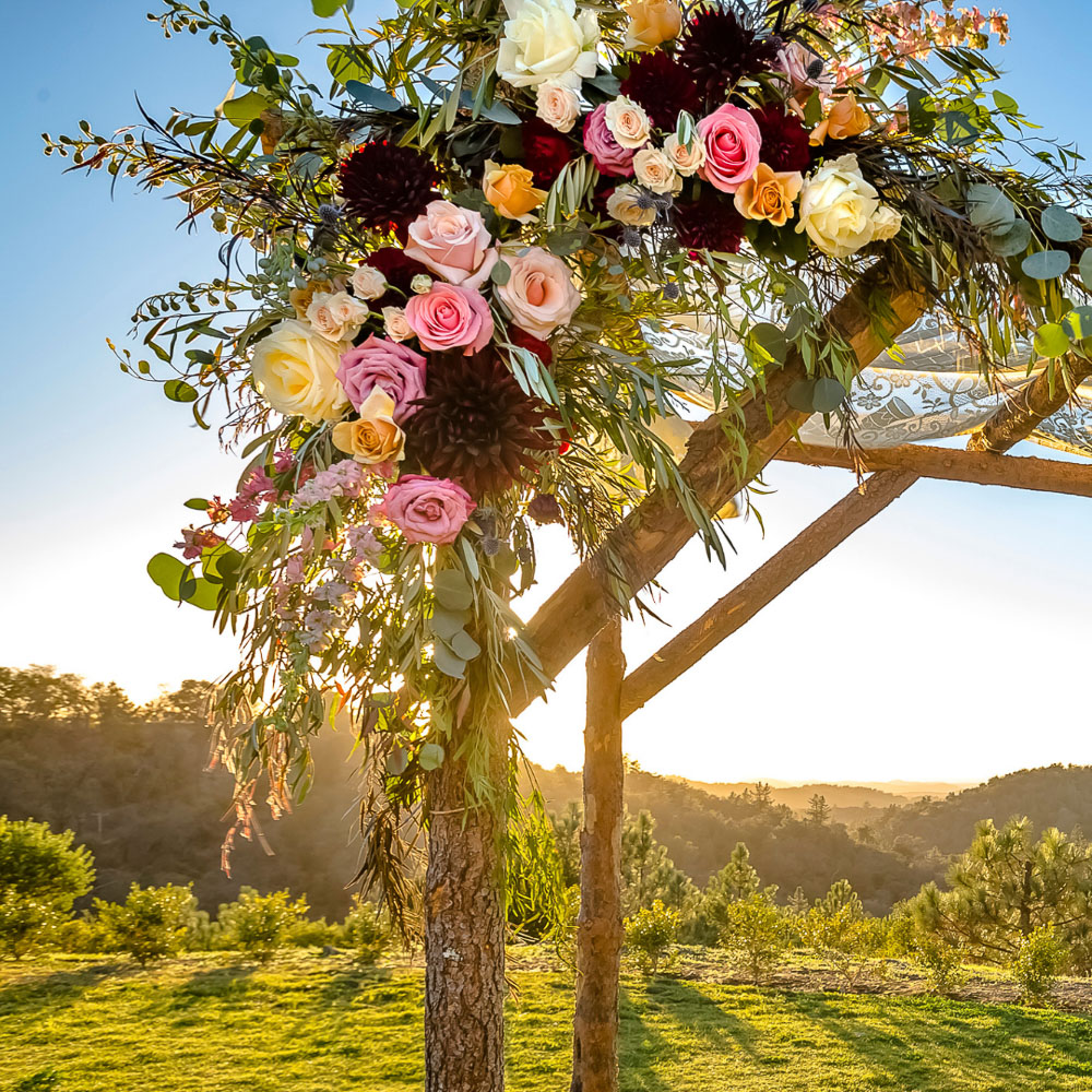 A wooden wedding arch decorated with colorful roses and greenery stands outdoors in a sunlit, grassy landscape with hills in the background.