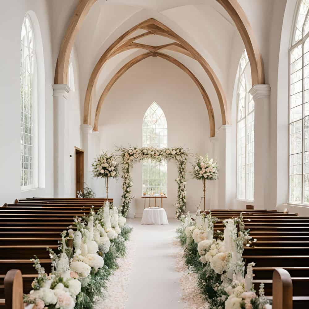 A bright chapel interior decorated for a wedding with white flowers lining the aisle, wooden pews, and a floral arch at the altar under arched wooden beams.