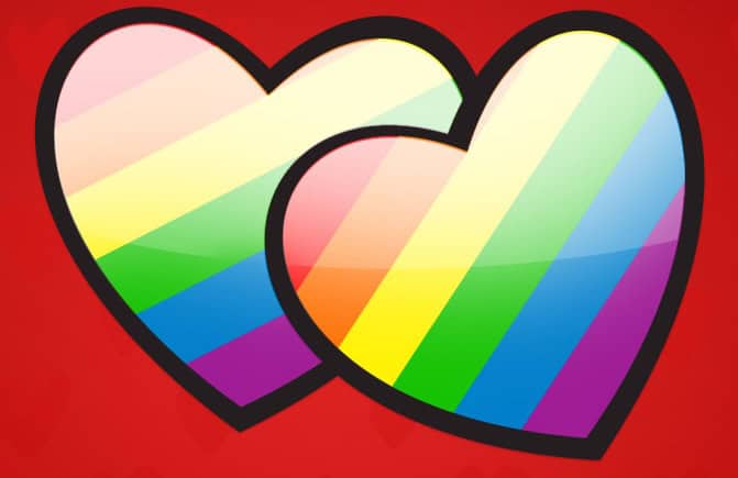 Two overlapping hearts outlined in black, filled with diagonal rainbow stripes, set against a red background.