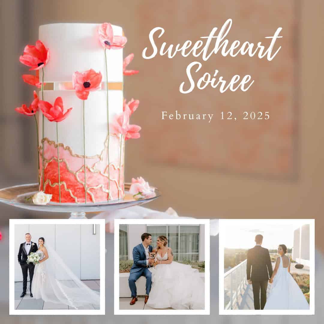 A white cake with pink floral decorations, event text "Sweetheart Soiree, February 12, 2025," and three wedding-themed photos of a bride and groom.